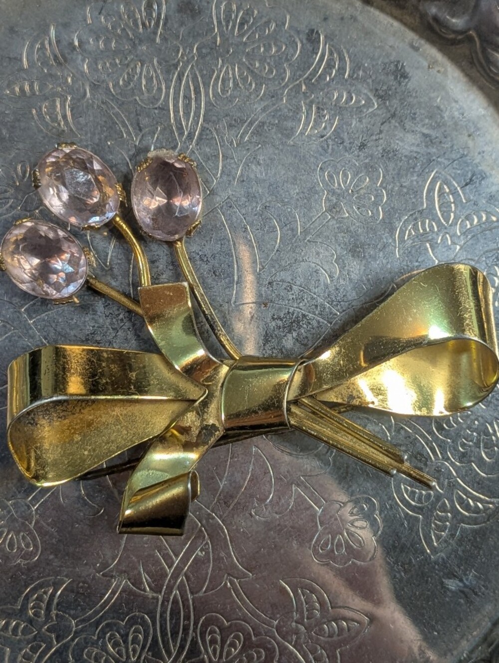 Vintage Sterling Craft by Coro Gold Floral Bow Brooch with Pink Rhinestones